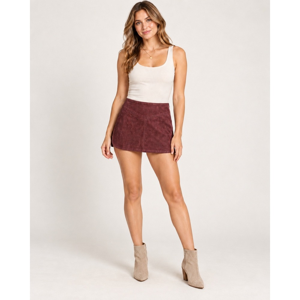 Free People We the Free Aimee Faux Vegan Suede Micro Skirt Lined Burgundy Size 4